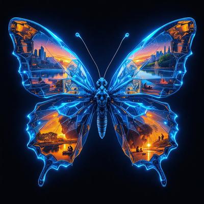 The primary subject of the image is a blue butterfly with a cityscape in the background. The butterfly is prominently displayed in the foreground, while the cityscape is visible in the background. The visual style of the image is digital art, as it appears to be a digital illustration or a digital drawing. The colors and mood of the image are predominantly blue, creating a calm and serene atmosphere.
